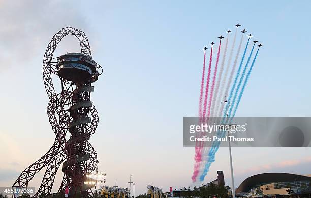 The Red Arrows fly over the opening ceremony for the Invictus Games, presented by Jaguar Land Rover at Queen Elizabeth Olympic Park on September 10,...