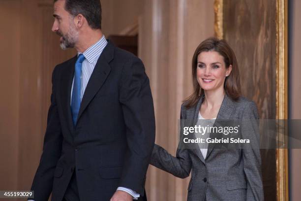 Prince Felipe of Spain and Princess Letizia of Spain attend Board Meeting of The 'Prince De Girona' Foundation at Zarzuela Palace on December 11,...