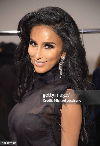 Designer/TV personality Lilly Ghalichi poses backstage during the Wantmylook by Lilly Ghalichi Style360 Spring 2015 fashion show at Metropolitan...