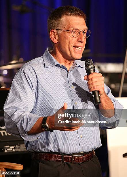 Museum executive director Robert Santelli introduces Stevie Wonders for a press announcement at The GRAMMY Museum on September 10, 2014 in Los...