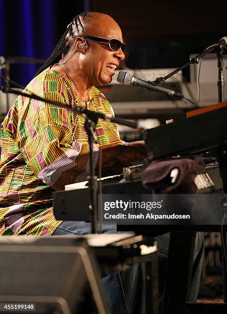 Singer/songwriter Stevie Wonder performs onstage after announcing the 'Songs in the Key of Life' tour at The GRAMMY Museum on September 10, 2014 in...