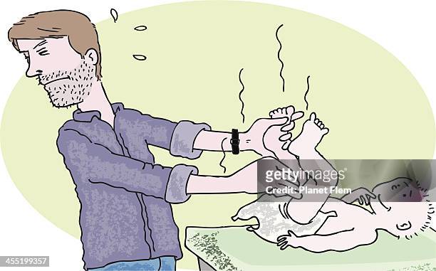 dad changing baby’s diaper - unpleasant smell stock illustrations