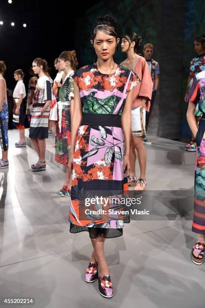 Model poses at the Clover Canyon presentation during Mercedes-Benz Fashion Week Spring 2015 at The Pavilion at Lincoln Center on September 10, 2014...