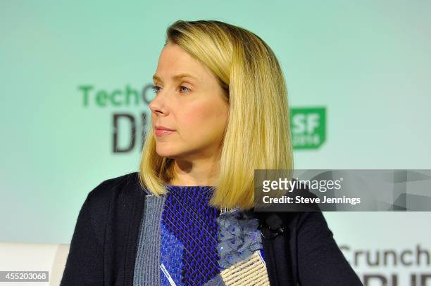 Yahoo! President and CEO Marissa Mayer judges onstage the Startup Battlefield Finals at TechCrunch Disrupt at Pier 48 on September 10, 2014 in San...
