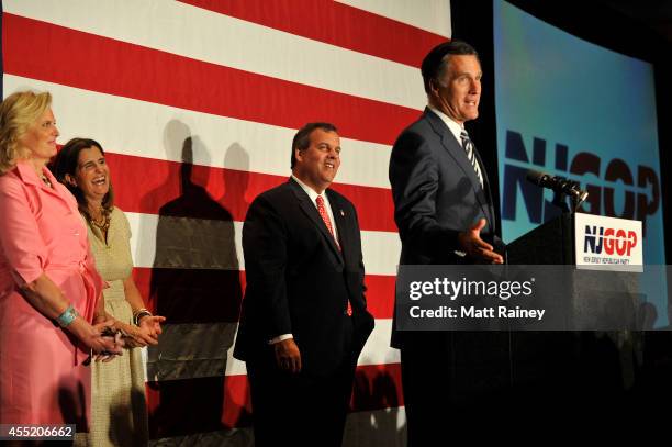 Former Republican presidential contender Mitt Romney addresses an audience with Gov. Chris Christie during a birthday celebration on September 10,...