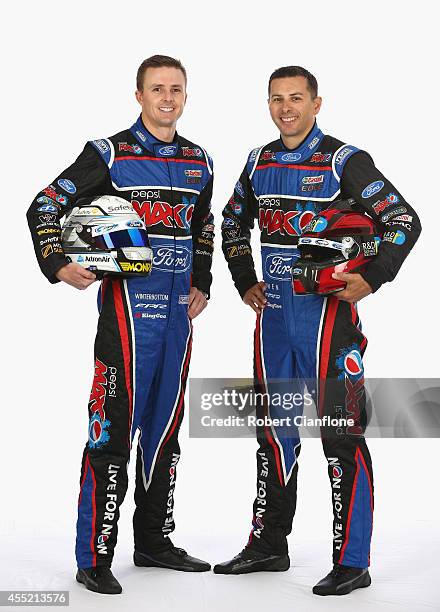 Mark Winterbottom and Steve Owen drivers for the Pepsi Max Crew Ford pose during a V8 Supercars portrait session at Sandown International Raceway on...