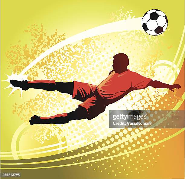 bildbanksillustrationer, clip art samt tecknat material och ikoner med soccer player strikes perfect volley - midfielder soccer player