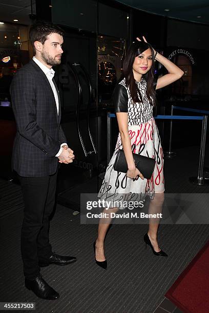 Gemma Chan and Jack Whitehall attend the UK premiere of "Anchorman 2: The Legend Continues" at the Vue West End on December 11, 2013 in London,...