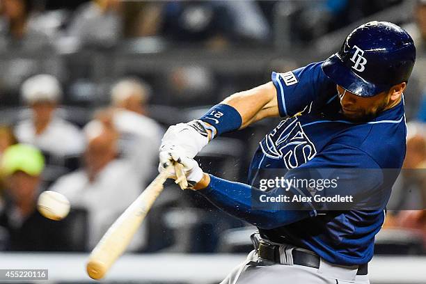 James Loney of the Tampa Bay Rays breaks his bat during a game against the New York Yankees at Yankee Stadium on September 10, 2014 in the Bronx...