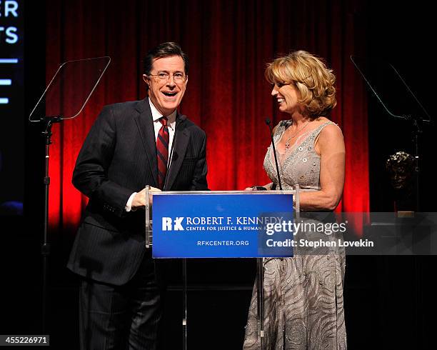 Actor Stephen Colbert and President of RFK Center Kerry Kennedy speak onstage at Robert F. Kennedy Center For Justice And Human Rights 2013 Ripple Of...