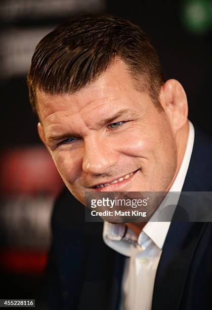 Michael Bisping speaks during the UFC Fight Night: Rockhold v Bisping Press Event at Museum of Contemporary Art on September 11, 2014 in Sydney,...