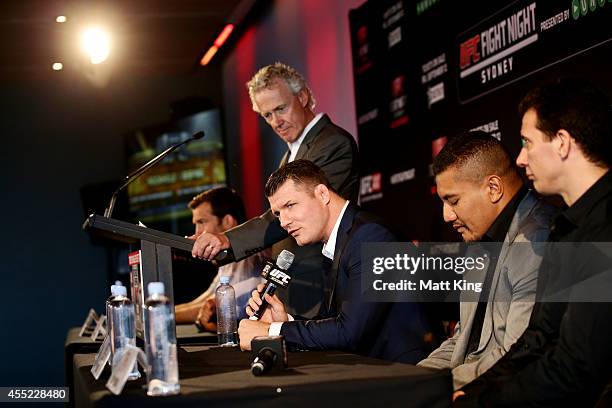 Michael Bisping speaks during the UFC Fight Night: Rockhold v Bisping Press Event at Museum of Contemporary Art on September 11, 2014 in Sydney,...