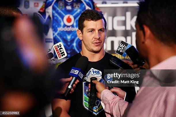 Greg Bird of the Gold Coast Titans speaks to the media during a NRL Nines media announcement at Rugby League Central on December 12, 2013 in Sydney,...