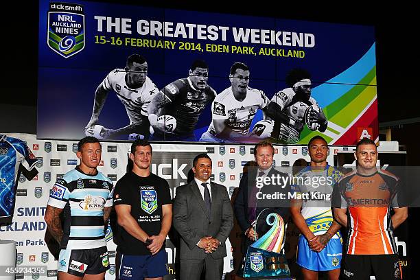 Todd Carney of the Cronulla Sharks, Greg Bird of the Gold Coast Titans, Dick Smith CEO and Managing Director Nick Abboud, NRL CEO Dave Smith, Willie...