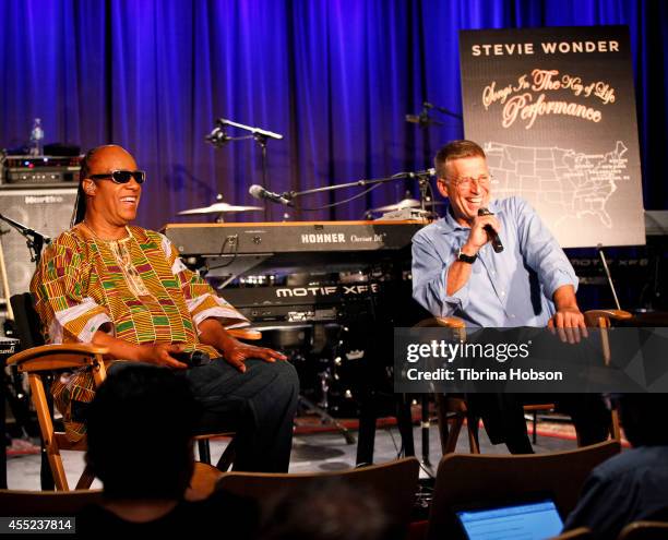 Stevie Wonder and Stevie Wonder attend Stevie Wonder's press tour announcement at The GRAMMY Museum on September 10, 2014 in Los Angeles, California.