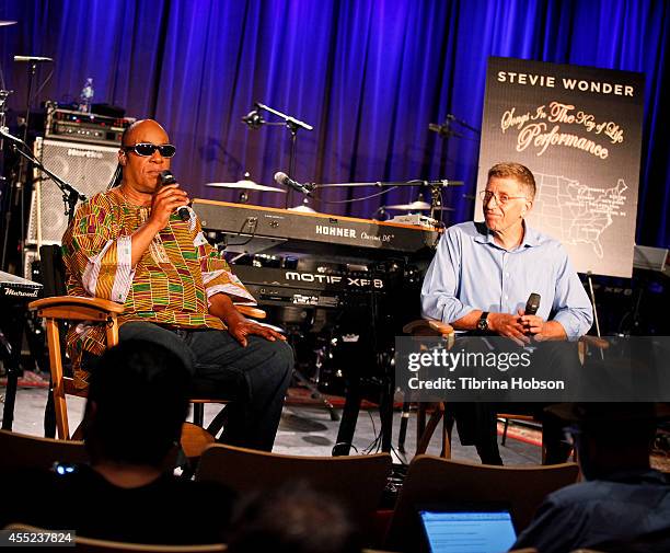 Stevie Wonder and Stevie Wonder attend Stevie Wonder's press tour announcement at The GRAMMY Museum on September 10, 2014 in Los Angeles, California.