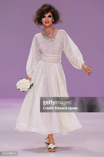 Model walks the runway at Betsey Johnson during Mercedes-Benz Fashion Week Spring 2015 at The Salon at Lincoln Center on September 10, 2014 in New...