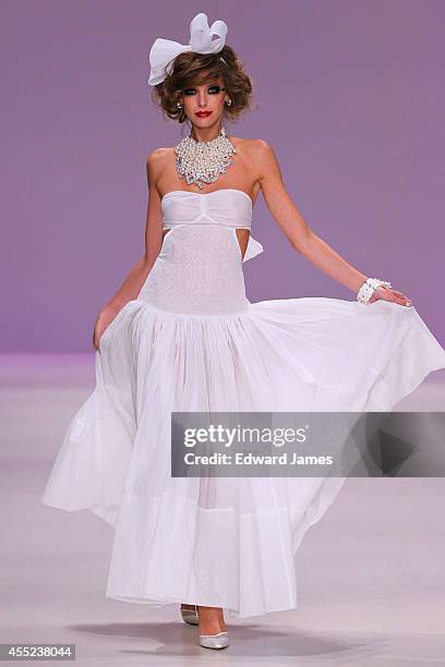 Model walks the runway at Betsey Johnson during Mercedes-Benz Fashion Week Spring 2015 at The Salon at Lincoln Center on September 10, 2014 in New...