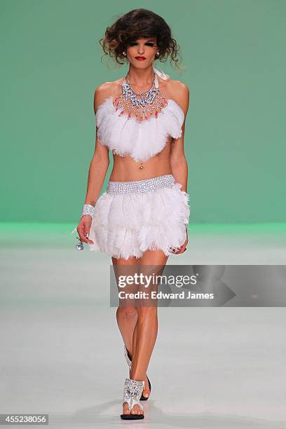 Model walks the runway at Betsey Johnson during Mercedes-Benz Fashion Week Spring 2015 at The Salon at Lincoln Center on September 10, 2014 in New...