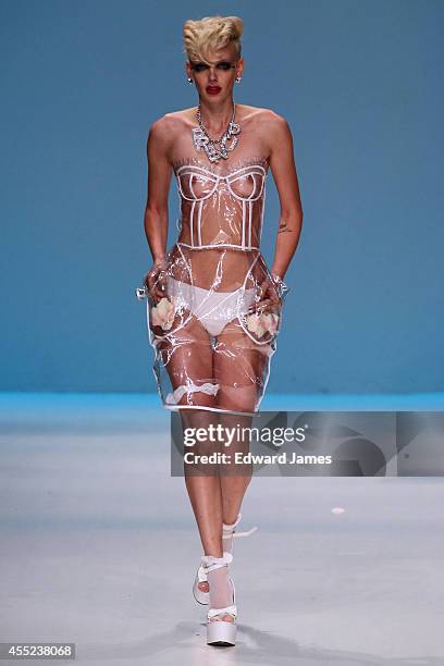 Model walks the runway at Betsey Johnson during Mercedes-Benz Fashion Week Spring 2015 at The Salon at Lincoln Center on September 10, 2014 in New...