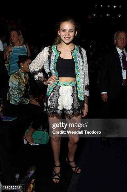 Morgan Saylor attends Anna Sui during Mercedes-Benz Fashion Week Spring 2015 at The Theatre at Lincoln Center on September 10, 2014 in New York City.