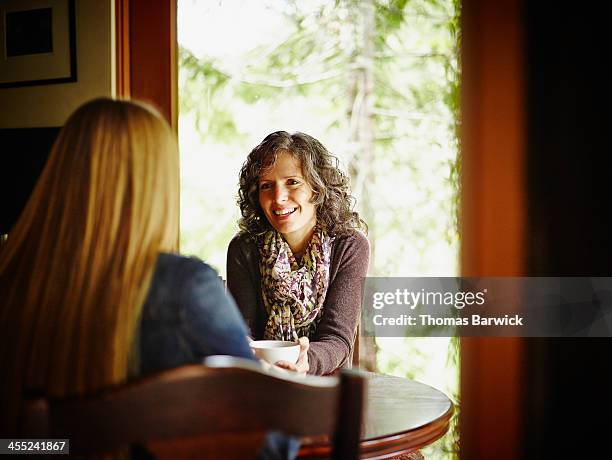 two mature women sitting at kitchen table in cabin - only mature women stock pictures, royalty-free photos & images