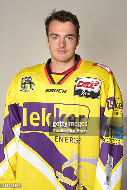 Norman Hauner of Krefeld Pinguine during the portrait shot on august 14, 2014 in Krefeld, Germany.