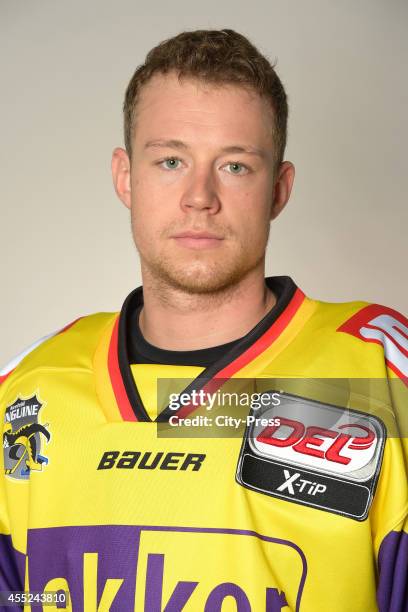 Christian Kretschmann of Krefeld Pinguine during the portrait shot on august 14, 2014 in Krefeld, Germany.