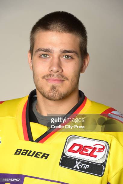 Mike Mieszkowski of Krefeld Pinguine during the portrait shot on august 14, 2014 in Krefeld, Germany.