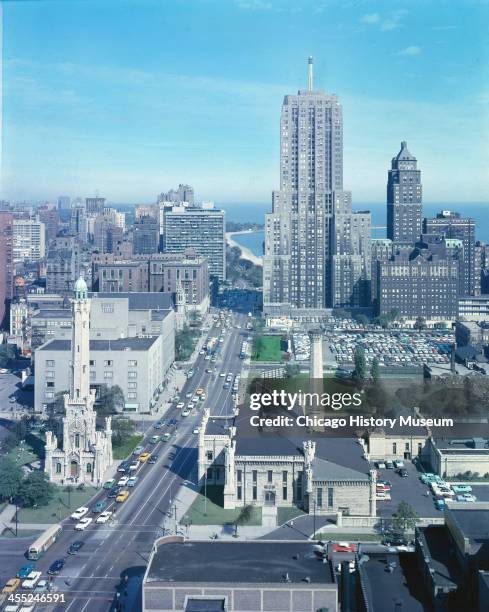 Aerial view, along Michigan Avenue, of the Palmolive Building , Chicago, Illinois, mid 20th century.