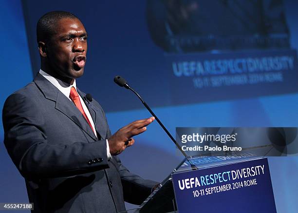 Former Netherlands international and AC Milan player Clarence Seedorf attends a UEFA Conference 'Respect Diversity' on September 11, 2014 in Rome,...