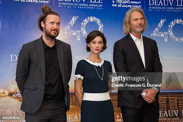 Director Mike Cahill, Astrid Berges-Frisbey and producer Hunter Gray pose at the 'I Origins' photocall during the 40th Deauville American Film...