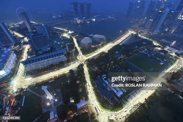 General view shows the lit circuit for the upcoming Formula One Singapore Grand Prix night race on September 11, 2014. The Singapore Grand Prix will...
