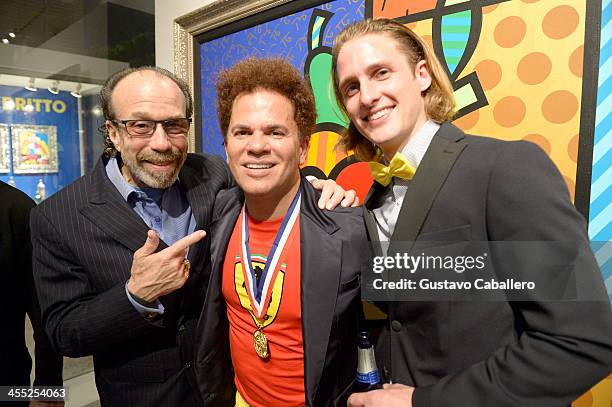 Bernie Yuman, Artist Romero Britto and Colin Watson attend Britto Central Gallery's 20th Anniversary Celebration on December 11, 2013 in Miami,...