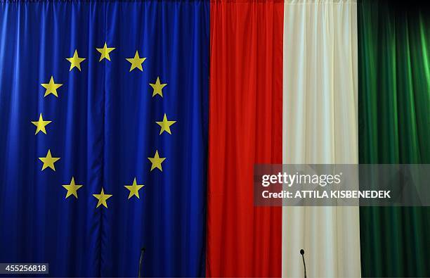 The flags of the European Union and of Hungary are seen on the wall of the Delegation Hall of the parliament building in Budapest on September 11,...