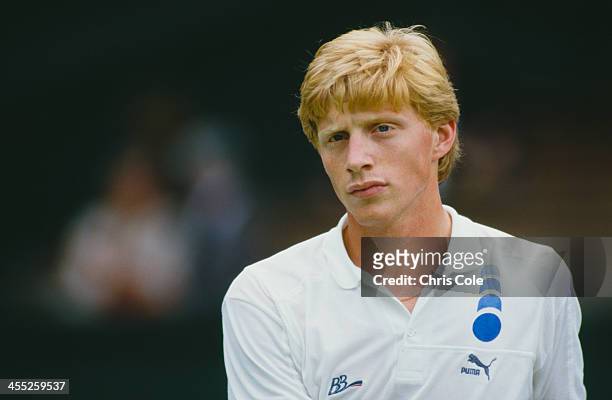 German professional tennis player Boris Becker during a match at The Championships, Wimbledon, London, 1987.