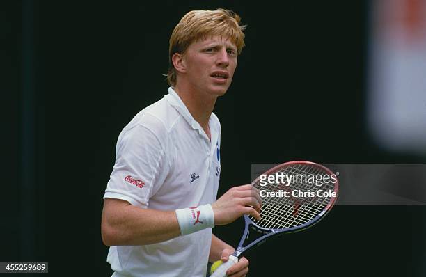 German professional tennis player Boris Becker during a match at The Championships, Wimbledon, London, 1987.