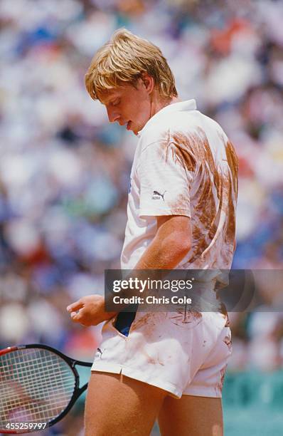 German professional tennis player Boris Becker during a match at the French Open tennis tournament, Paris, 1987.