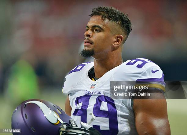 Corey Wootton of the Minnesota Vikings warms up prior to an NFL game against the St. Louis Rams at Edward Jones Dome, on September 7, 2014 in St....