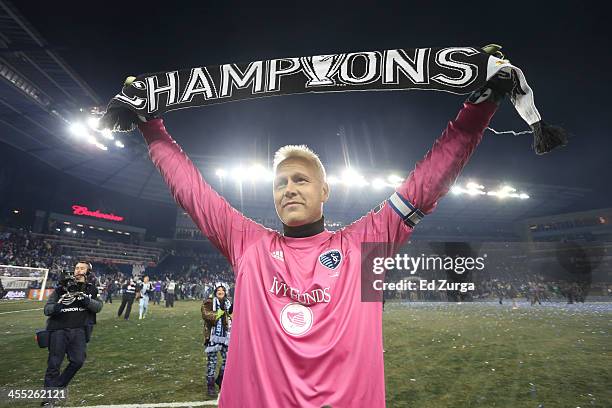 Jimmy Nielsen of Sporting Kansas City celebrates after winning the MLS Cup Final against the Real Salt Lake at Sporting Park on December 7, 2013 in...