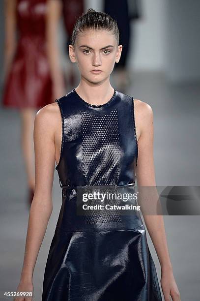 Model walks the runway at the Calvin Klein Spring Summer 2015 fashion show during New York Fashion Week on September 11, 2014 in New York, United...