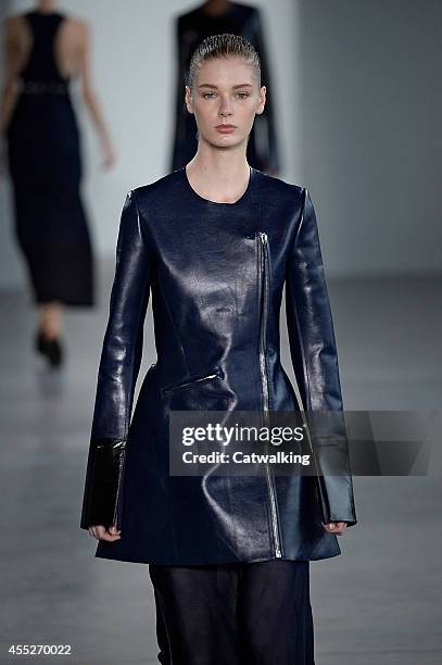 Model walks the runway at the Calvin Klein Spring Summer 2015 fashion show during New York Fashion Week on September 11, 2014 in New York, United...