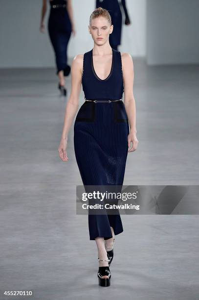 Model walks the runway at the Calvin Klein Spring Summer 2015 fashion show during New York Fashion Week on September 11, 2014 in New York, United...