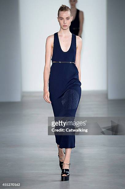 Model walks the runway at the Calvin Klein Spring Summer 2015 fashion show during New York Fashion Week on September 11, 2014 in New York, United...