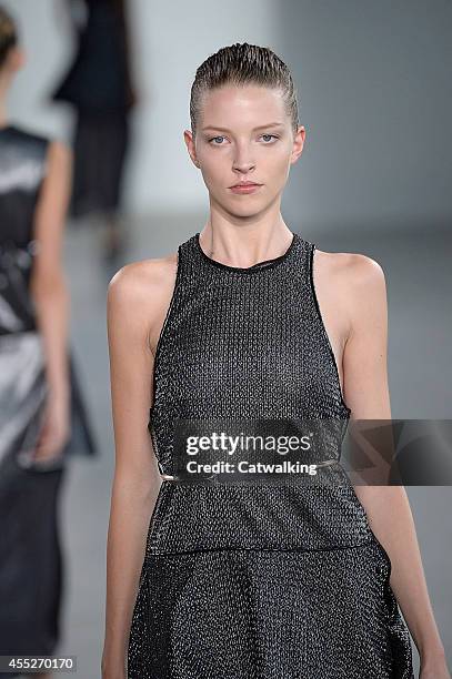 Model walks the runway at the Calvin Klein Spring Summer 2015 fashion show during New York Fashion Week on September 11, 2014 in New York, United...