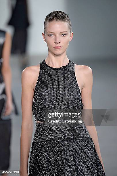 Model walks the runway at the Calvin Klein Spring Summer 2015 fashion show during New York Fashion Week on September 11, 2014 in New York, United...