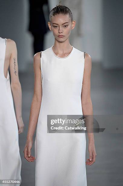 Model walks the runway at the Calvin Klein Spring Summer 2015 fashion show during New York Fashion Week on September 11, 2014 in New York, United...