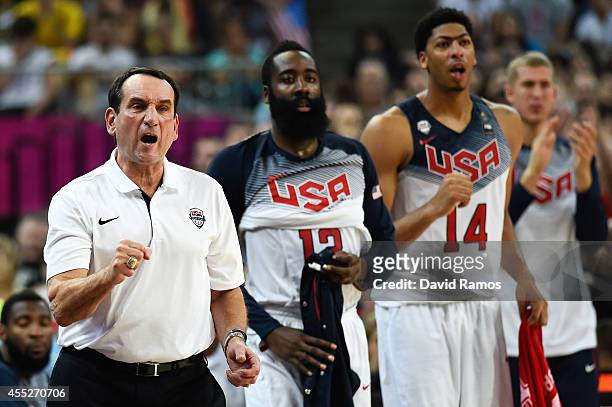 Head coach Mike Krzyzewski of the USA Basketball Men's National Team reacts during a 2014 FIBA Basketball World Cup semi-final match between USA and...