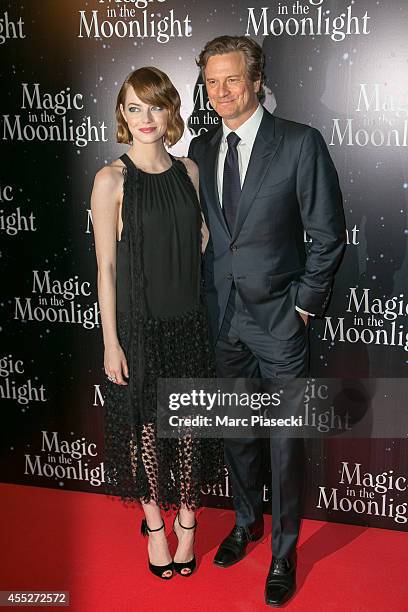 Actors Emma Stone and Colin Firth attend the 'Magic in the Moonlight' Premiere at UGC Cine Cite Bercy on September 11, 2014 in Paris, France.