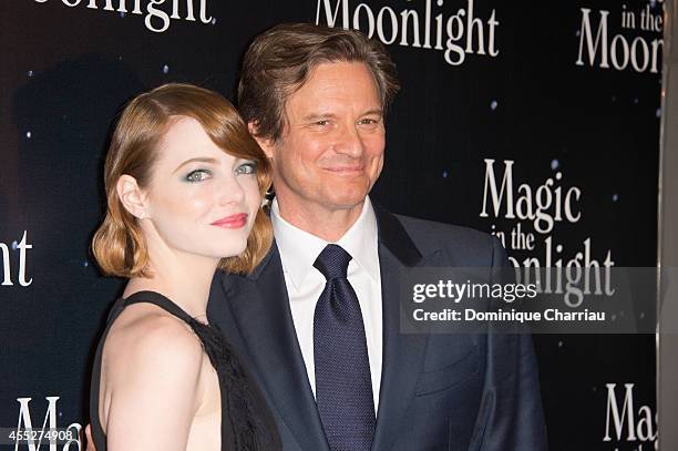 Emma Stone and Colin Firth attend the 'Magic In The Moonlight' Paris Premiere at UGC Cine Cite Bercy on September 11, 2014 in Paris, France.